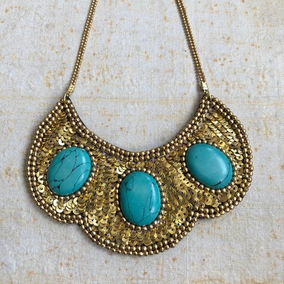 Vintage Jewelry - Handmade Sequence Turquoise Statement Necklace
